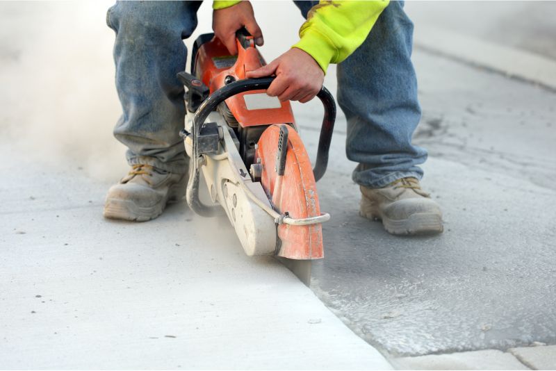 A photo of a man with a hand tool repairing concrete