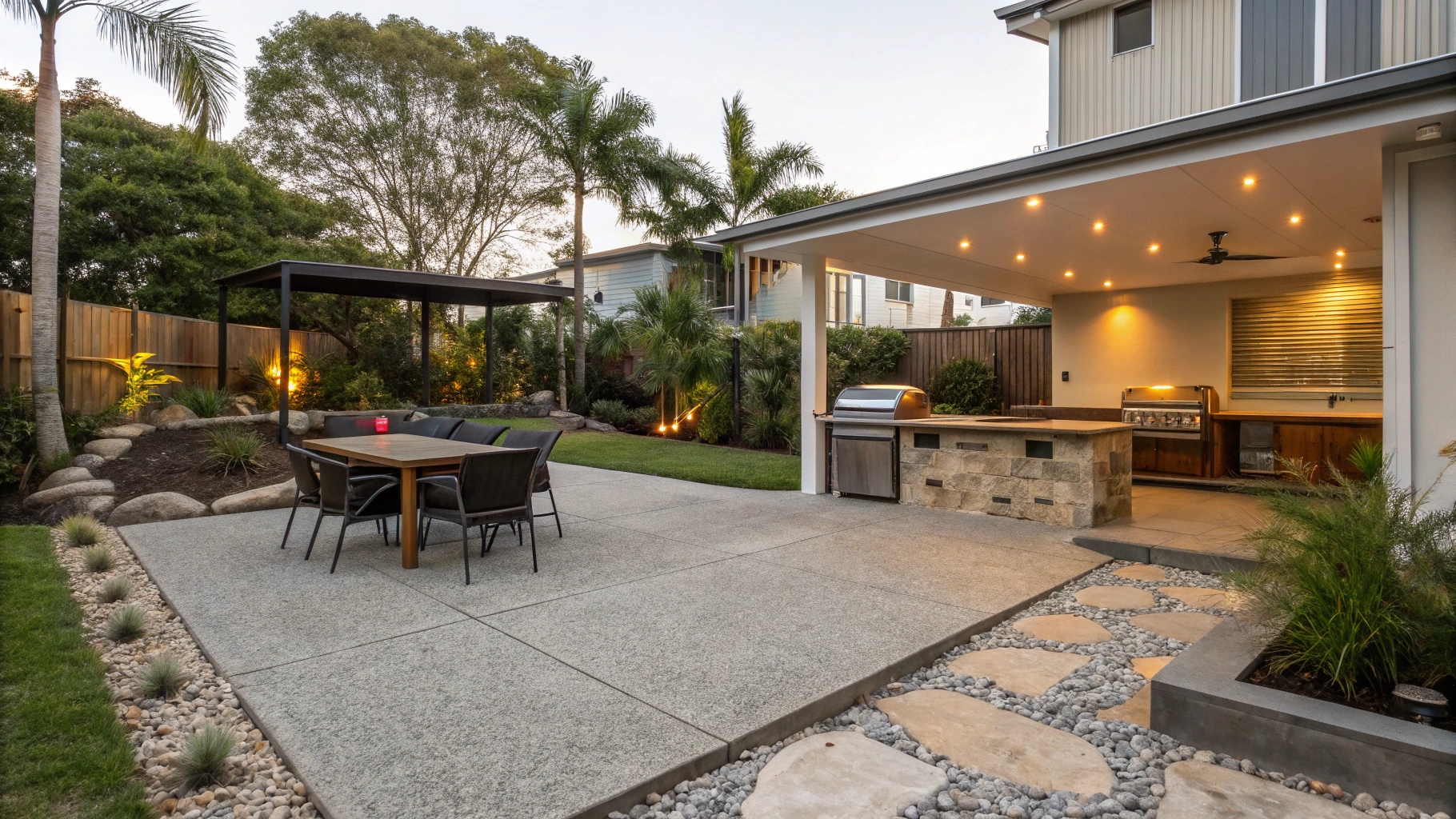 Residential concrete patio Tinana QLD with outdoor entertainment area and native landscaping