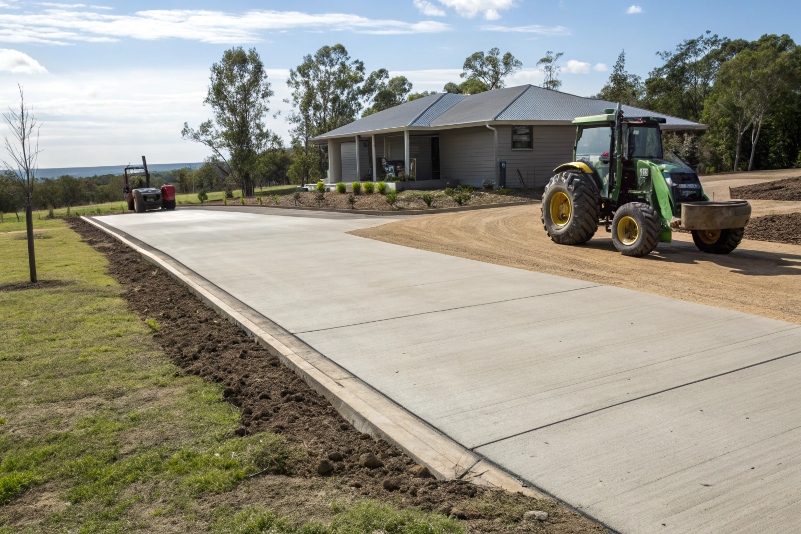 Heavy farm machinery using durable concrete driveway constructed by Susan River concreting services