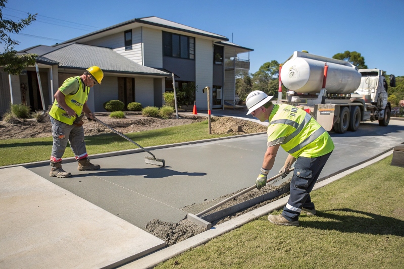 Licensed concrete contractors Tinana South installing residential driveway with professional equipment and safety gear