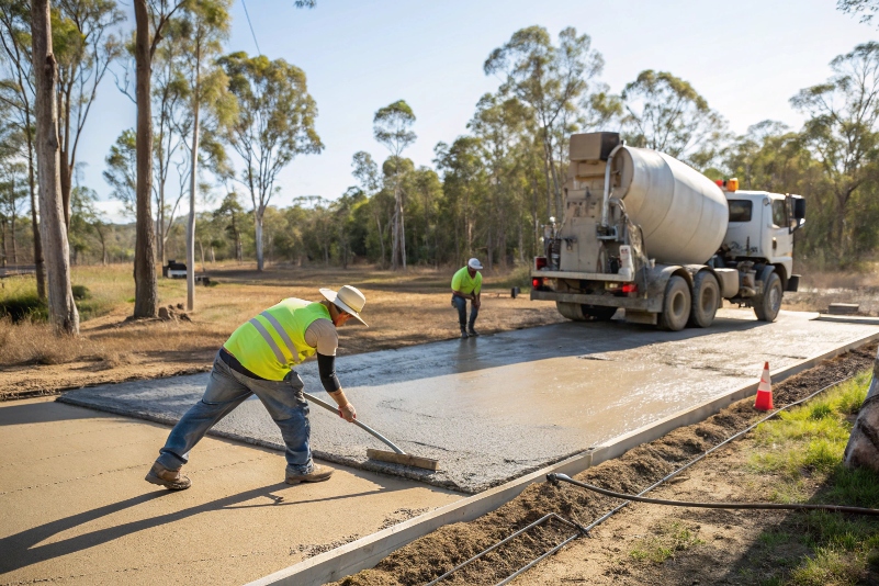Professional concrete driveway installation on rural property in Susan River QLD by TrueForm Concreting team