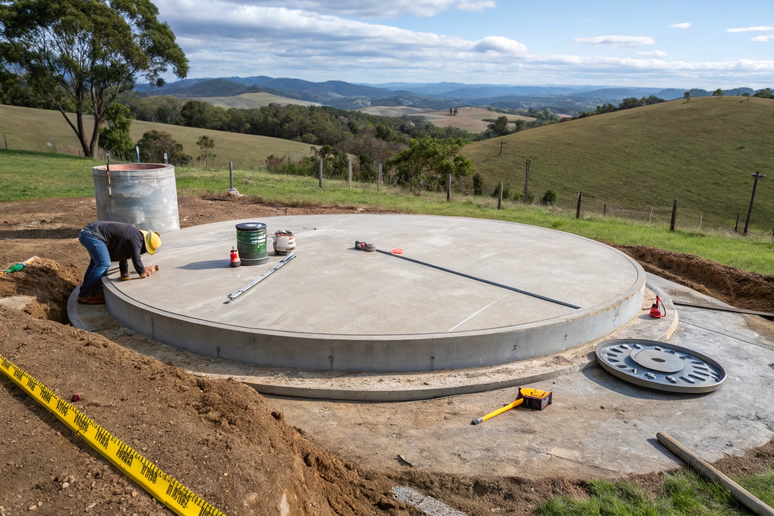 Professional water tank pad construction in Tiaro QLD showing engineered concrete foundation for rainwater storage