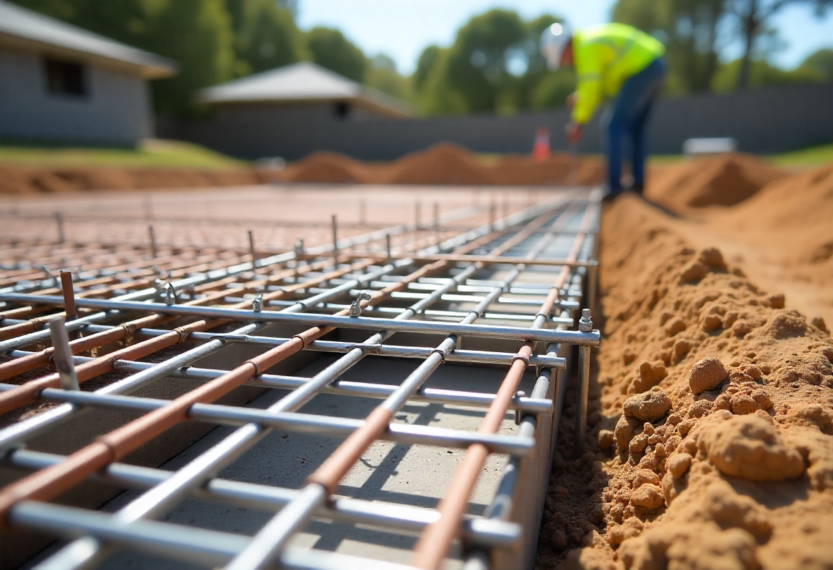reinforcement mesh and rebar grid laid out on prepared ground for residential concrete house slab foundation